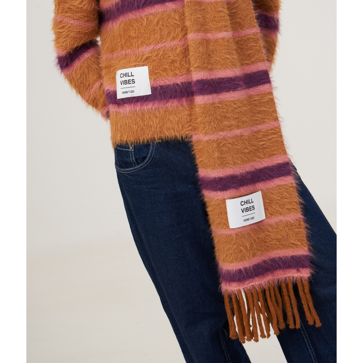 MAGLIA A RIGHE BOXY 'CHILL VIBES' mocca e viola
