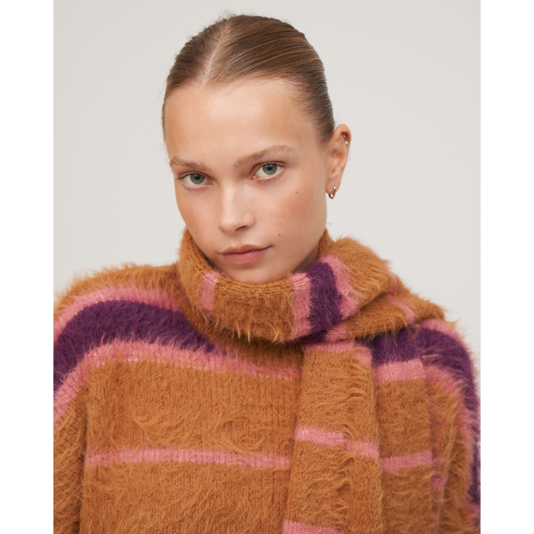 MAGLIA A RIGHE BOXY 'CHILL VIBES' mocca e viola