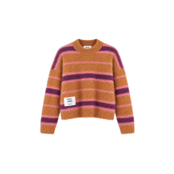 MAGLIA A RIGHE BOXY 'CHILL VIBES' mocca e viola