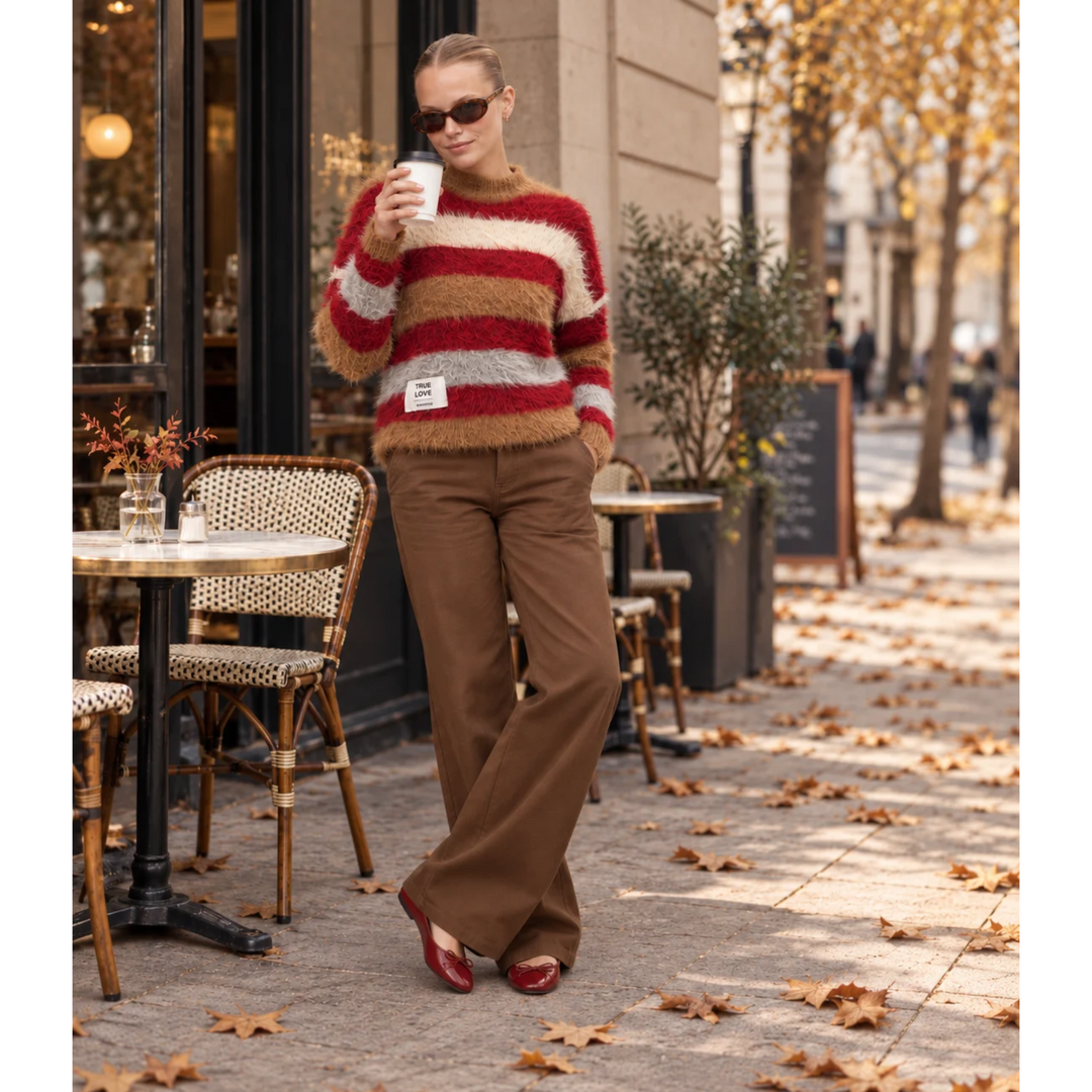 KNITWEAR BOXY STRIPES 'TRUE LOVE' | beige and burdeos mix