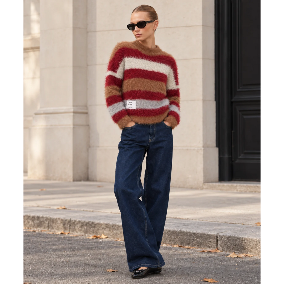 KNITWEAR BOXY STRIPES 'TRUE LOVE' | beige and burdeos mix