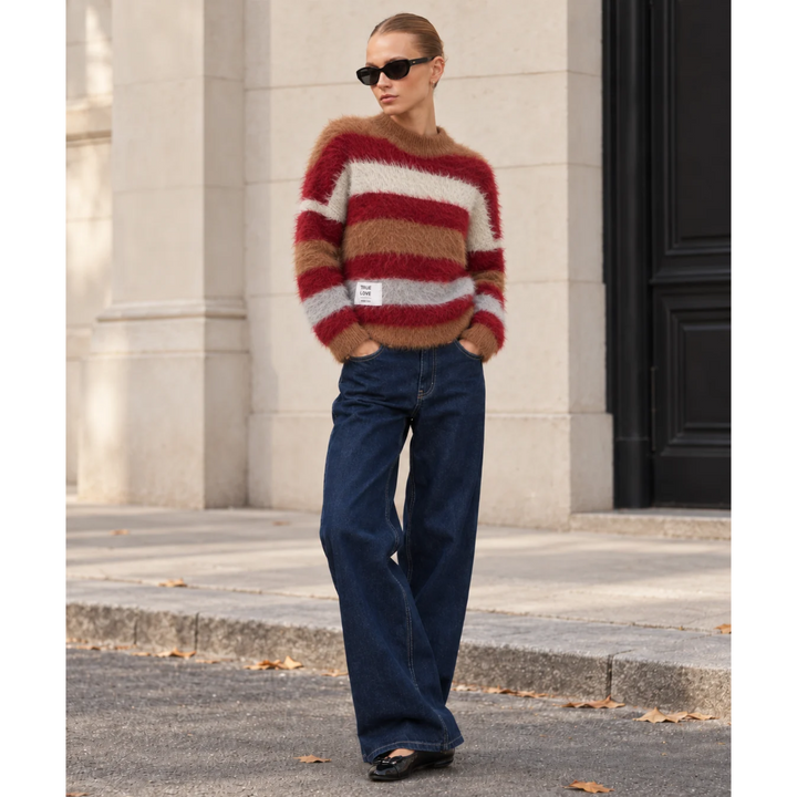 KNITWEAR BOXY STRIPES 'TRUE LOVE' | beige and burdeos mix