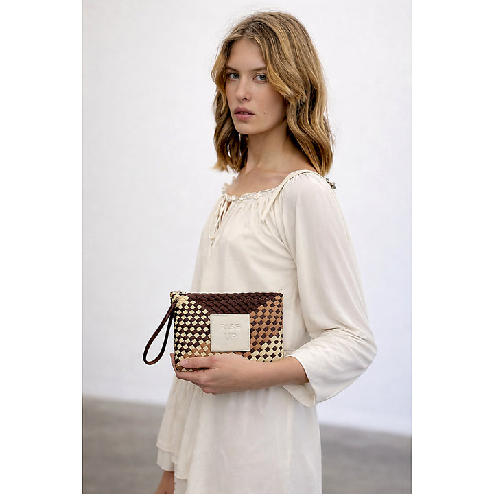 Neoprene CLUTCH BAG 'RISE UP' multicolour beige&brown&mocca