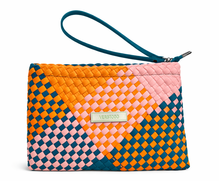 Neoprene CLUTCH BAG 'LIFE IS SIMPLE' multicolour blue&orange&pink