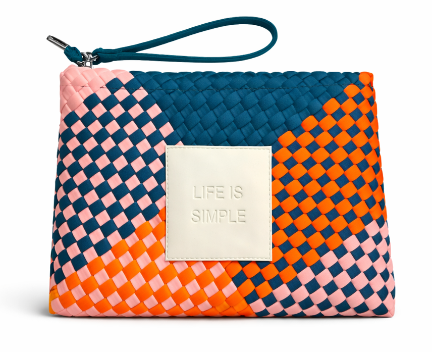 Neoprene CLUTCH BAG 'LIFE IS SIMPLE' multicolour blue&orange&pink