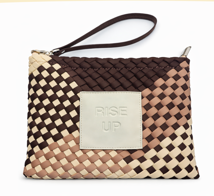 Neoprene CLUTCH BAG 'RISE UP' multicolour beige&brown&mocca