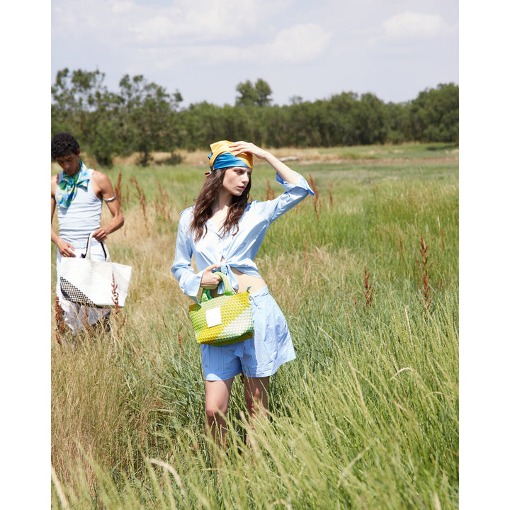 Reversible Square Scarf Horizon | Blue, Mustard & Pink